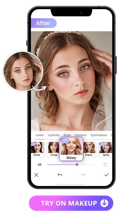 virtually try on Glowy makeup look of Vivid Glam for a rosy glow wedding makeup